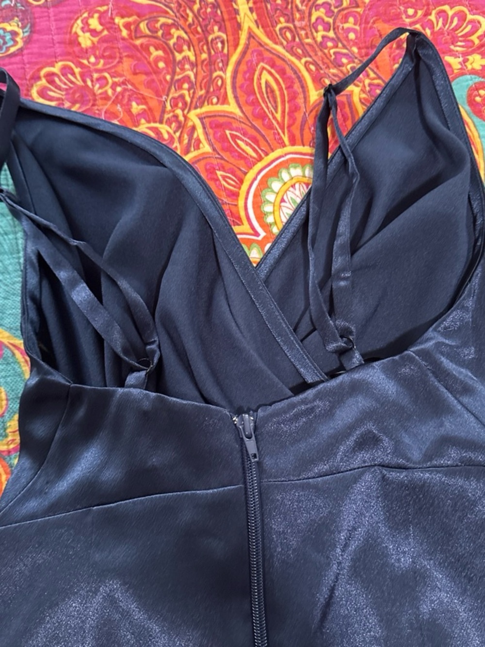 Navy Satin Wrap Dress with Lace Hem - Picture 5 of 6